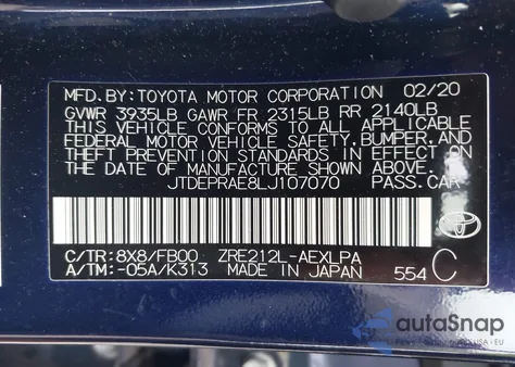 2020 Toyota Corolla Le from USA, damaged, VIN JTDEPRAE8LJ107070